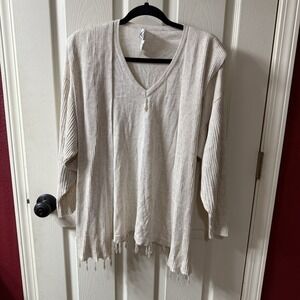 Etkin Embellished V Neck Sweater Top Beige Women's Small Beaded detail